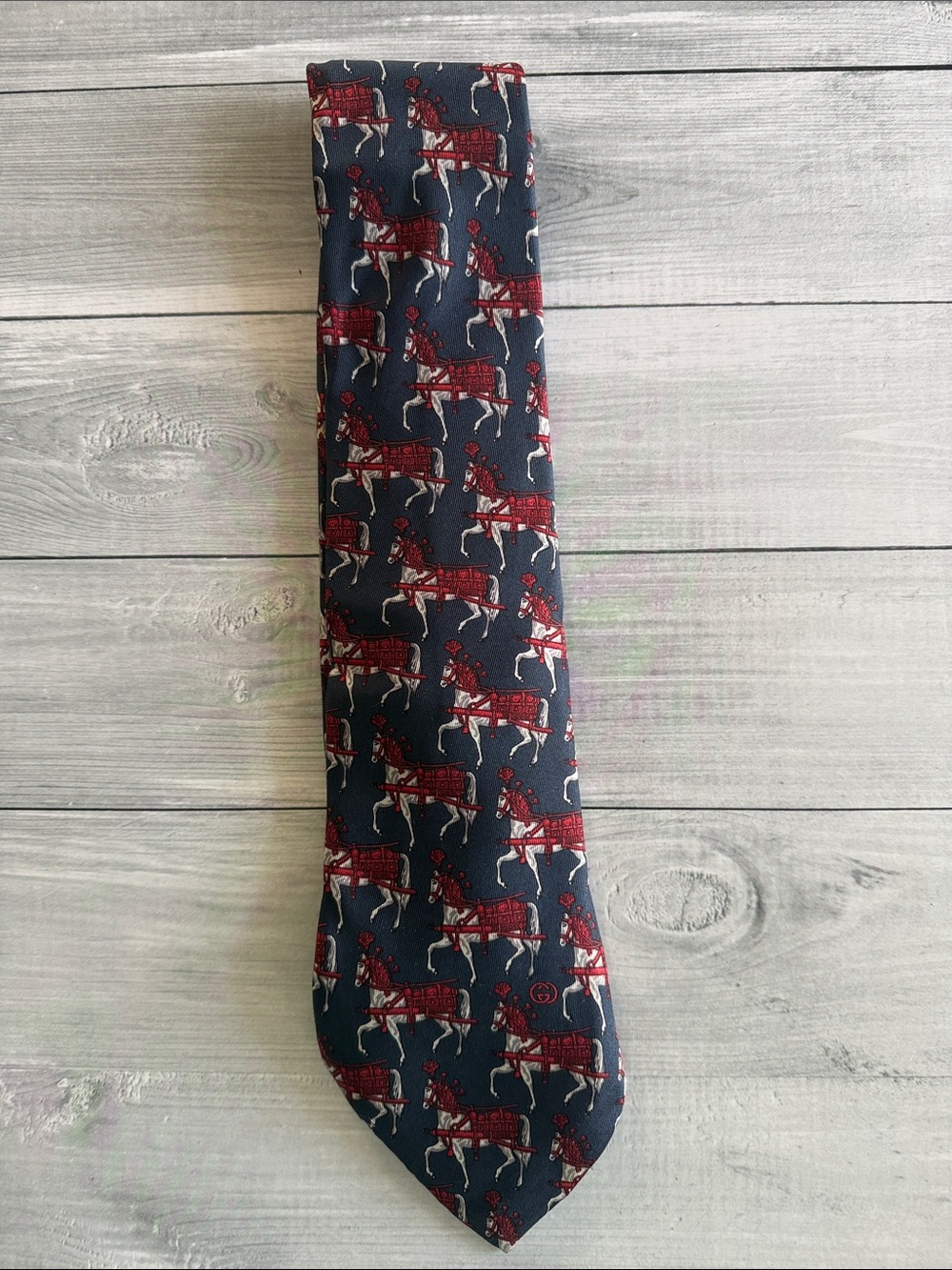 Vintage GUCCI Silk Tie Navy Blue Red Equestrian Horse Carriage Interlocking GG